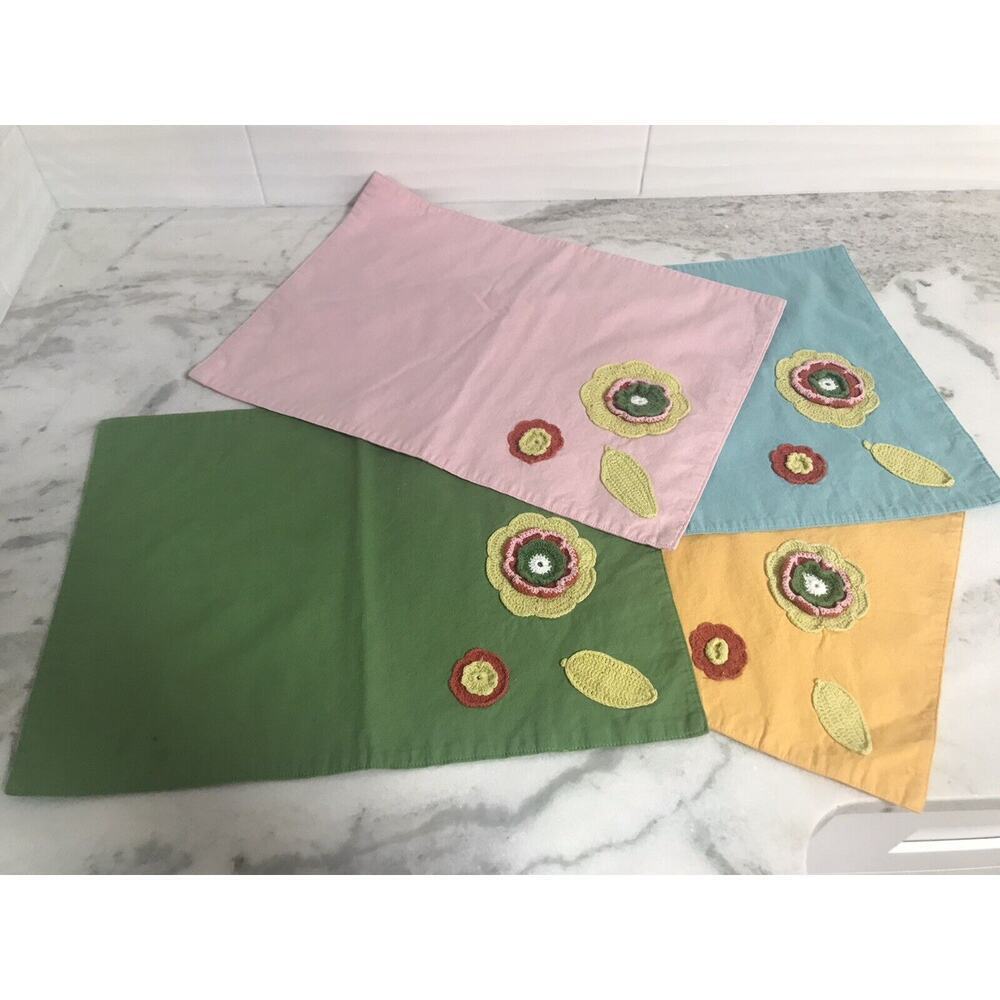 Vintage 70s Boho Colorful Flower Embroidered Cloth Placemats Set Of 4